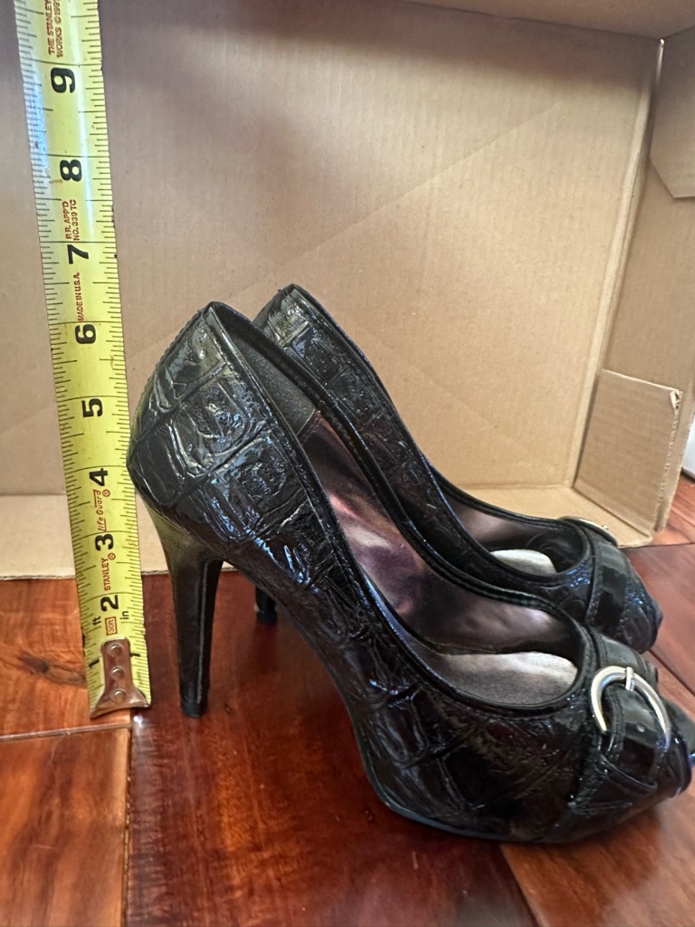 Delicious Black Patent Peep-Toe Heels with Silver Buckle - Picture 6 of 8